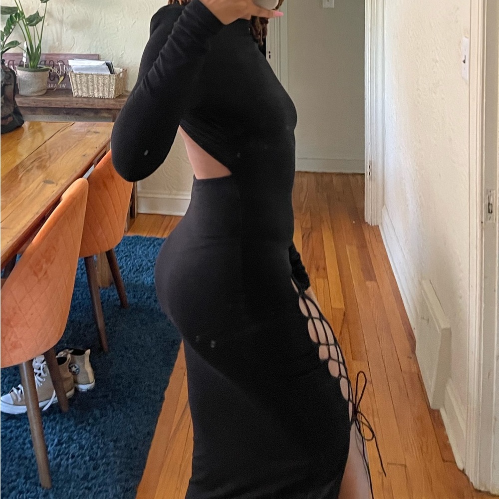 Black slit detail open back dress